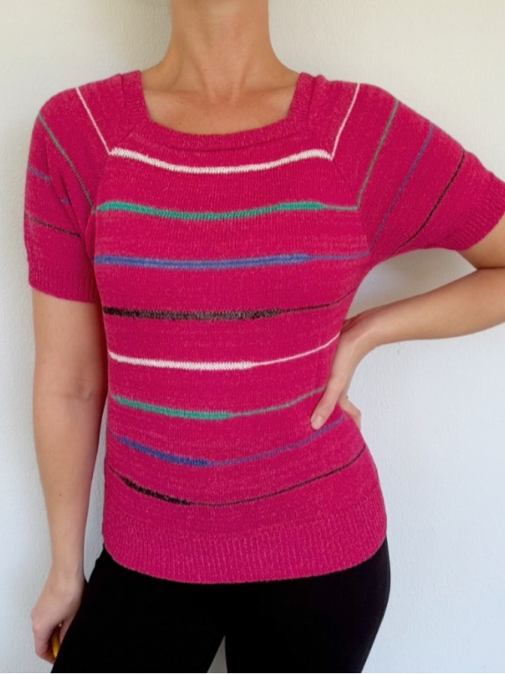 Vintage Panther pink stripe square neck short sleeve knit sweater top size small